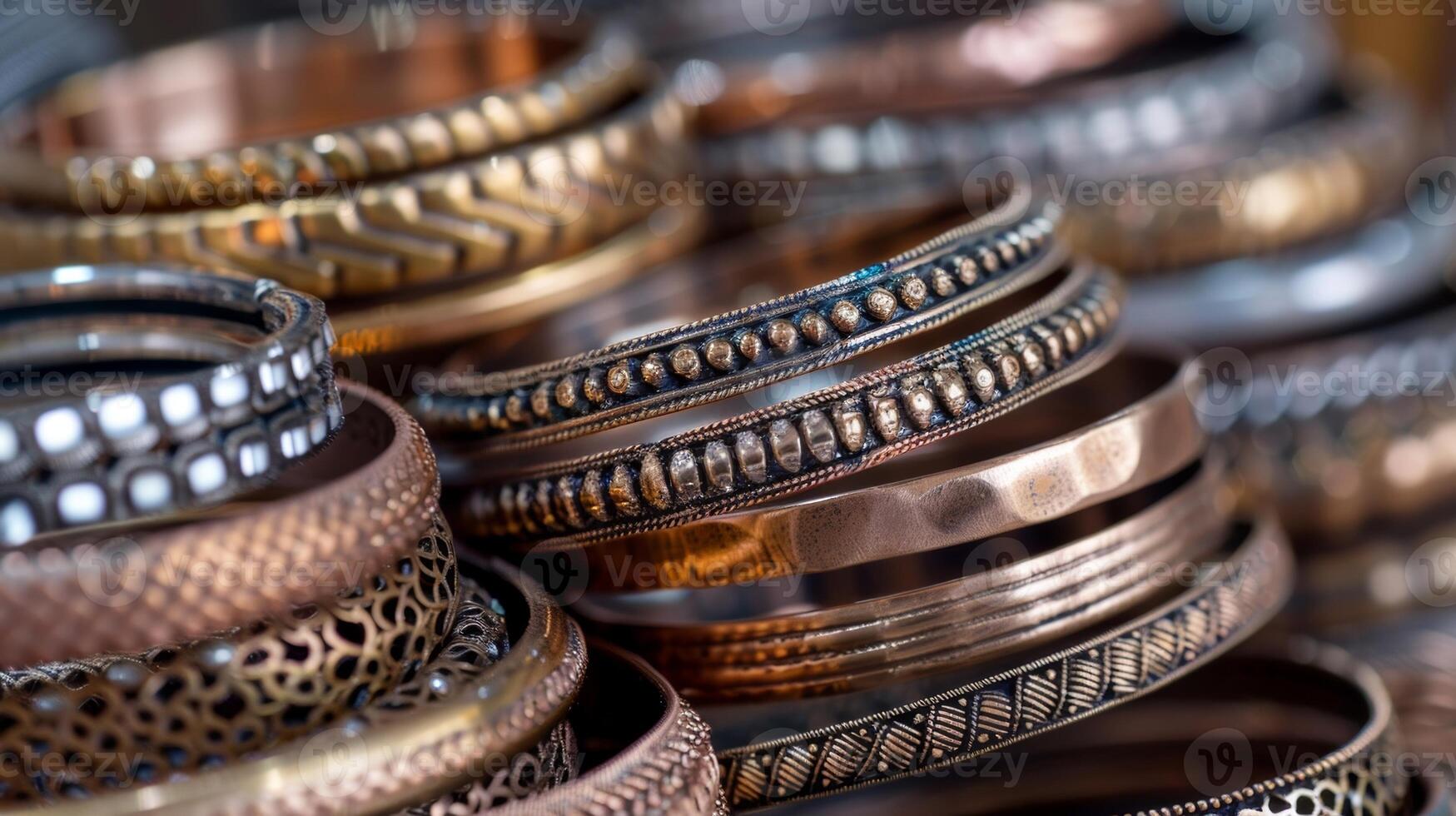A stack of handcrafted bangles showcase an array of textures from smooth polished metal to intricate hammered designs and delicate filigree work photo