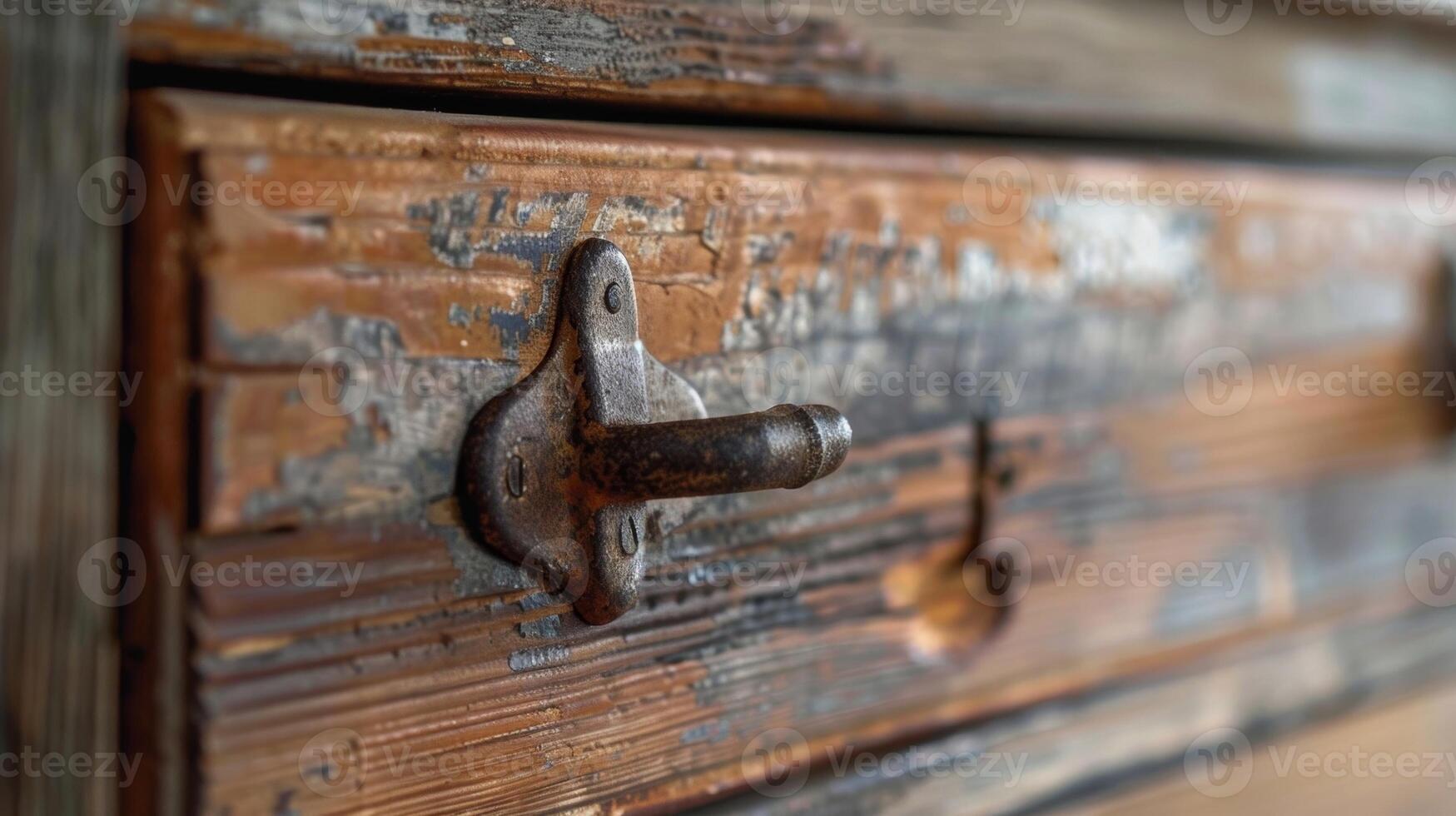 A rusty hardware drawer pull on a wooden cabinet complementing the vintage feel of the furniture photo