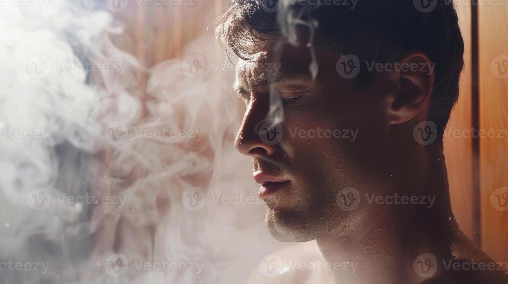 A man in a sauna steaming from the intense heat preparing his body for the contrasting shock of an ice bath photo