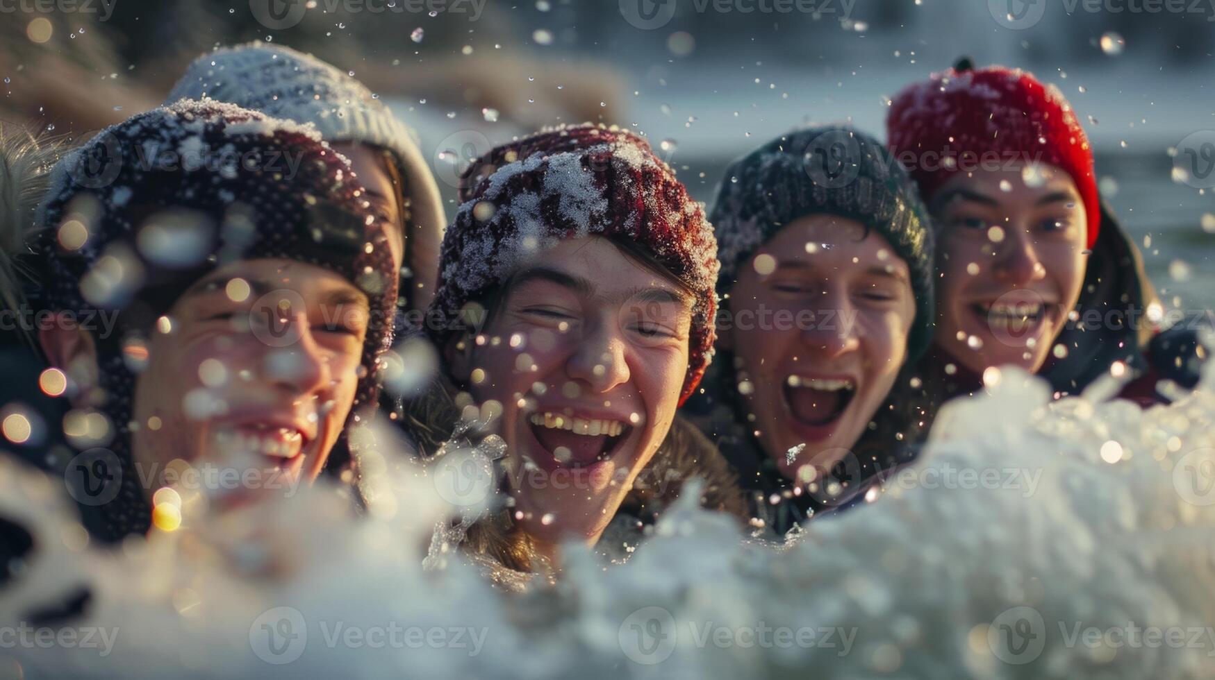 A group of friends huddled together for warmth as they take turns jumping into the freezing lake and cheering each other on photo