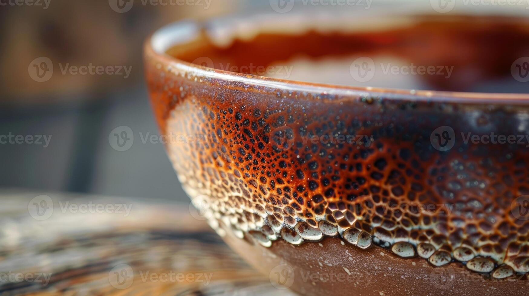 The rich earthy tones and unique patterns on a handcrafted ceramic bowl featuring a glossy finish and rough edges for a distinct handmade feel photo
