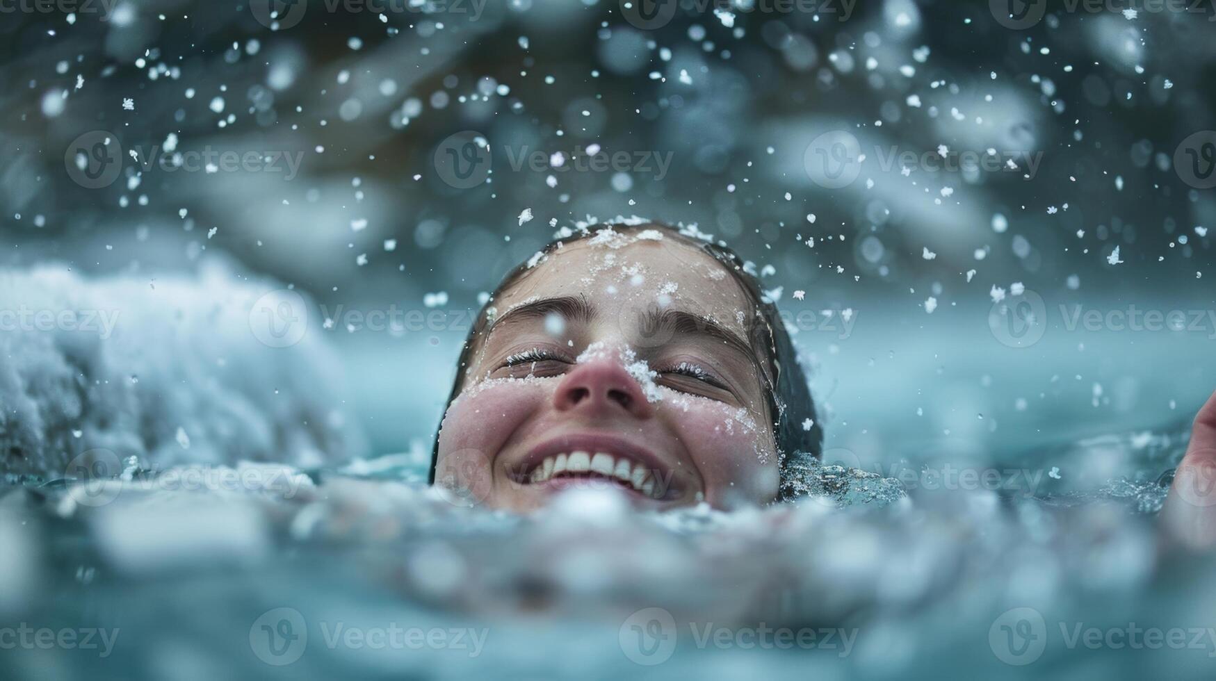A person emerging from the water with a triumphant smile surrounded by chunks of ice and snowflakes photo