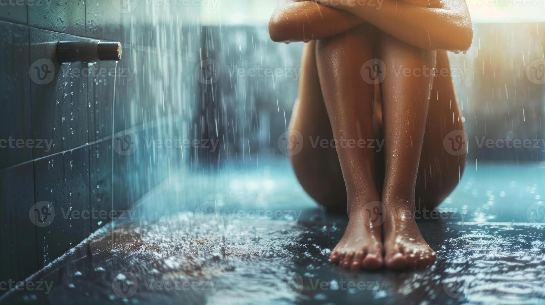 A person sitting on the shower floor with their arms wrapped around their knees basking in the chill of the cold shower photo
