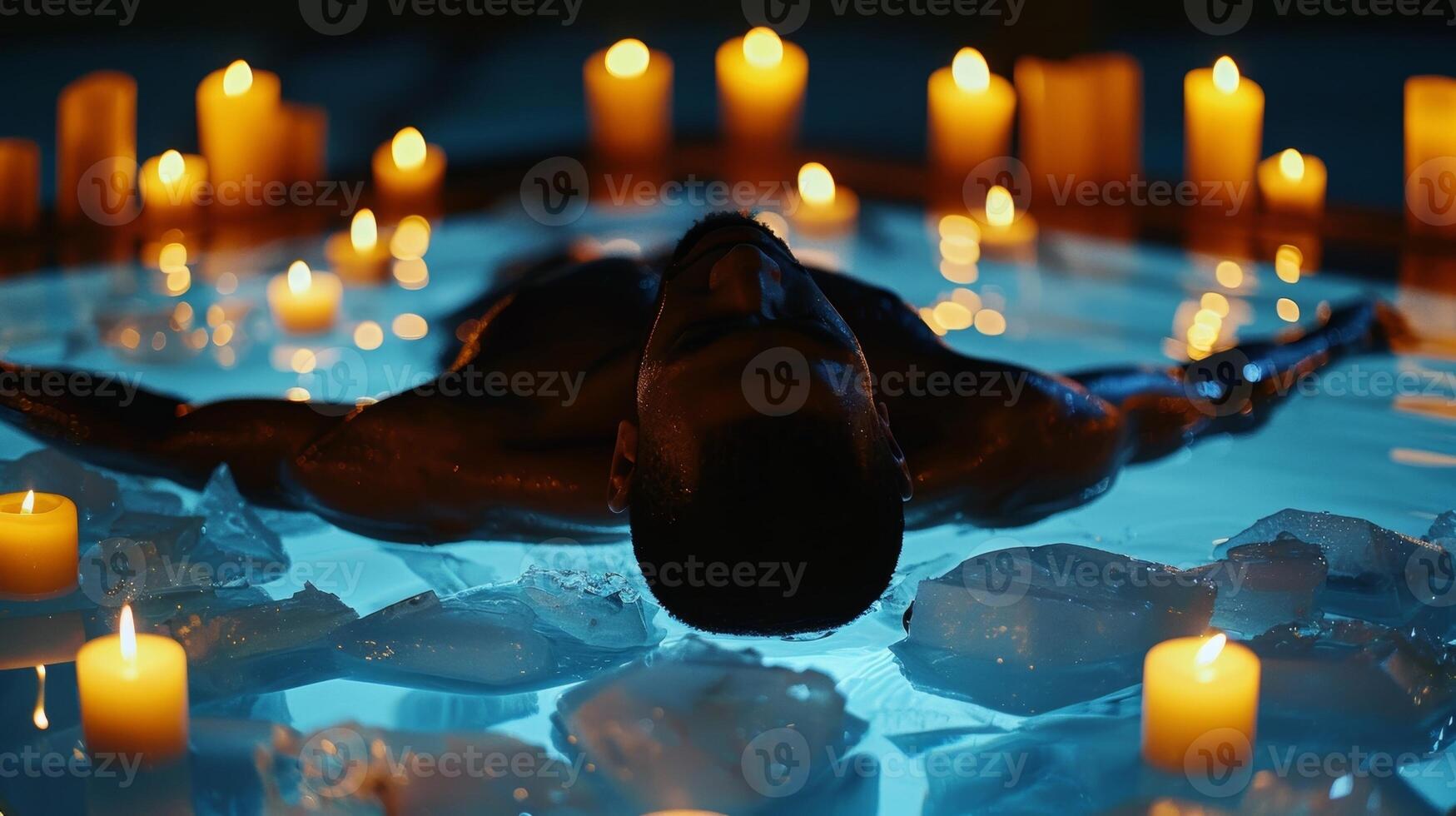 A solitary figure in an ice bath surrounded by candles finding tranquility and focus in a headstand pose photo