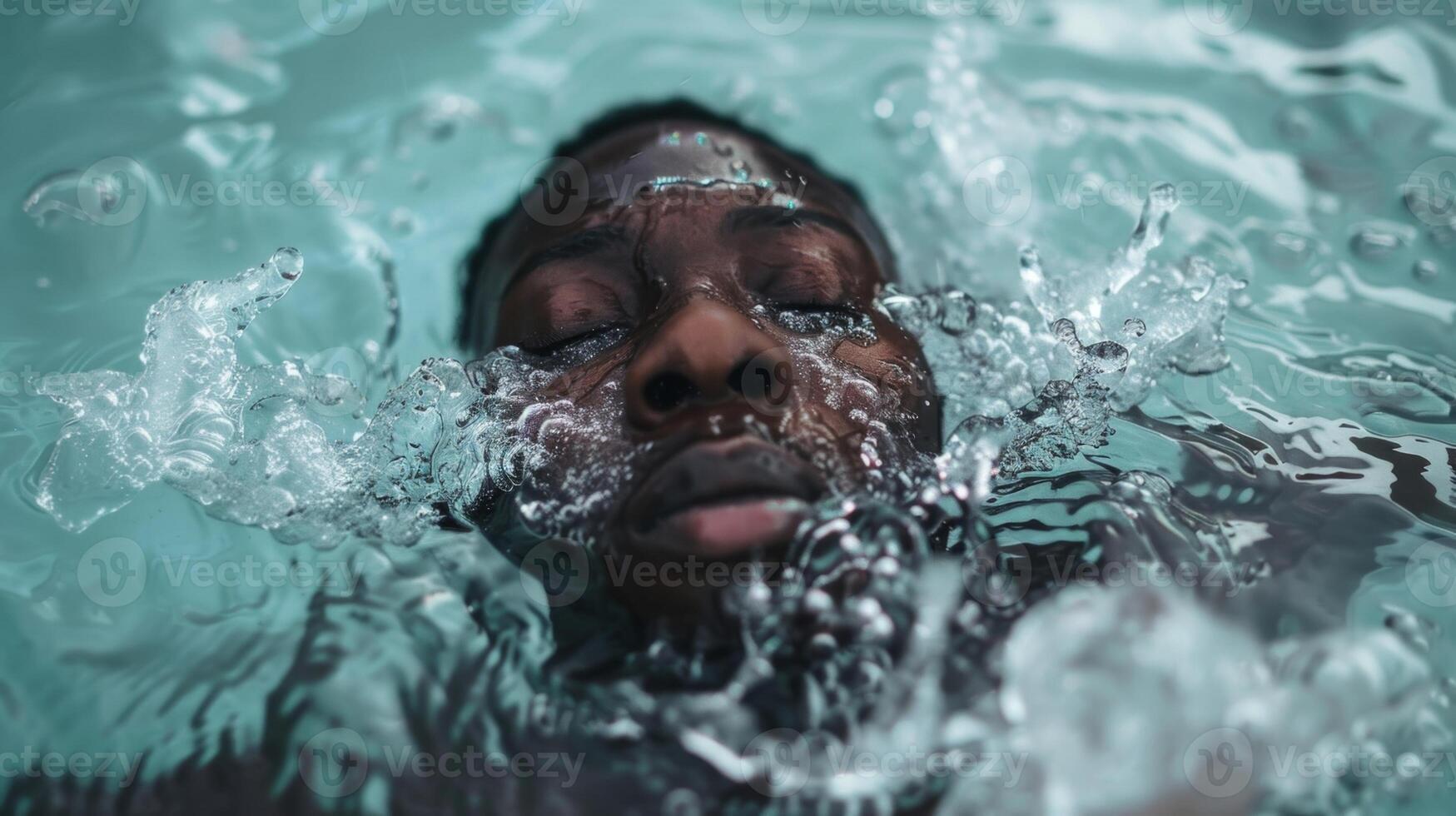 An artistic shot of a person fully immersed in an ice bath with the quote Embrace the struggle for it will lead you to greatness elegantly written on the side photo