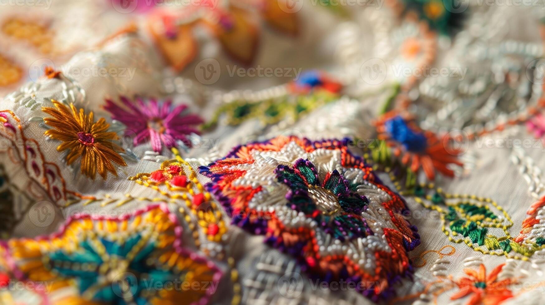 The precision and attention to detail in the embroidery on a sustainable cotton blouse is apparent in a zoomedin image. The use of natural dyes and locally sourced materials makes thi photo