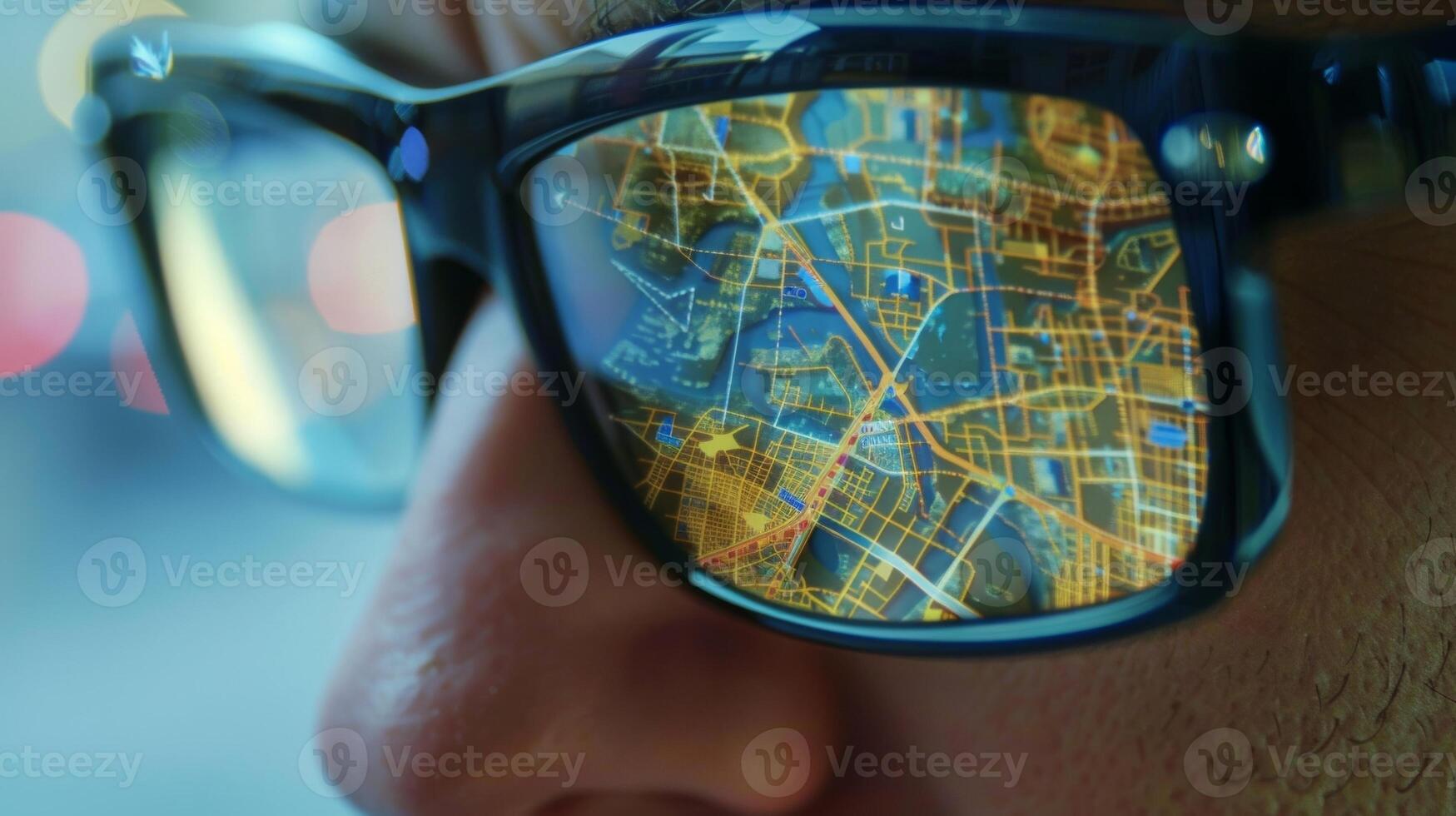 An upclose image of a smart glass displaying a 3D map with touch controls allowing for easy zooming and panning photo