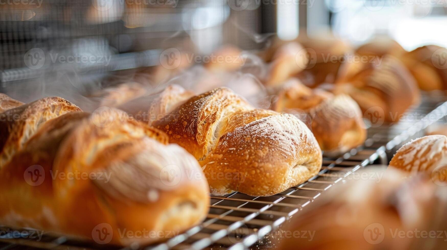 A view of freshly baked artisan loaves cooling on a wire rack with wisps of steam rising from their golden crusts photo