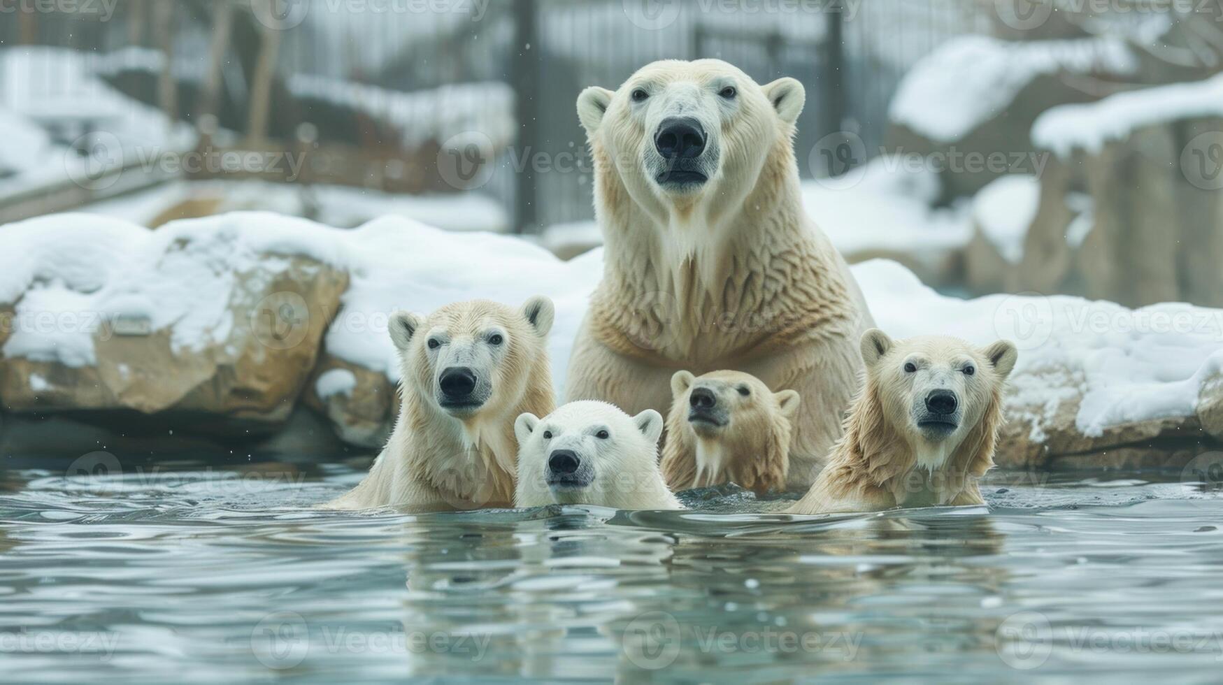A family of polar bears taking a break from their icy habitat to enjoy a winter swim in a geothermal pool photo