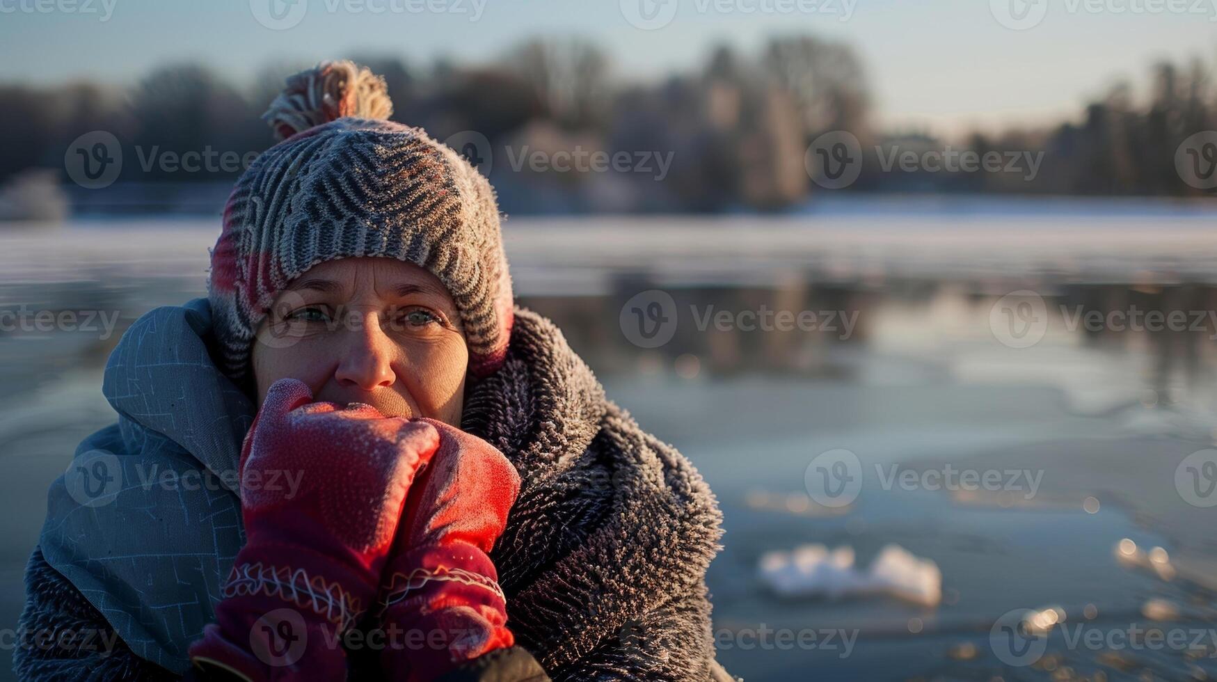 Gloves and hats are essential for ice in the winter as a woman tightly wraps herself in a towel after completing her morning swim in a frozen lake photo