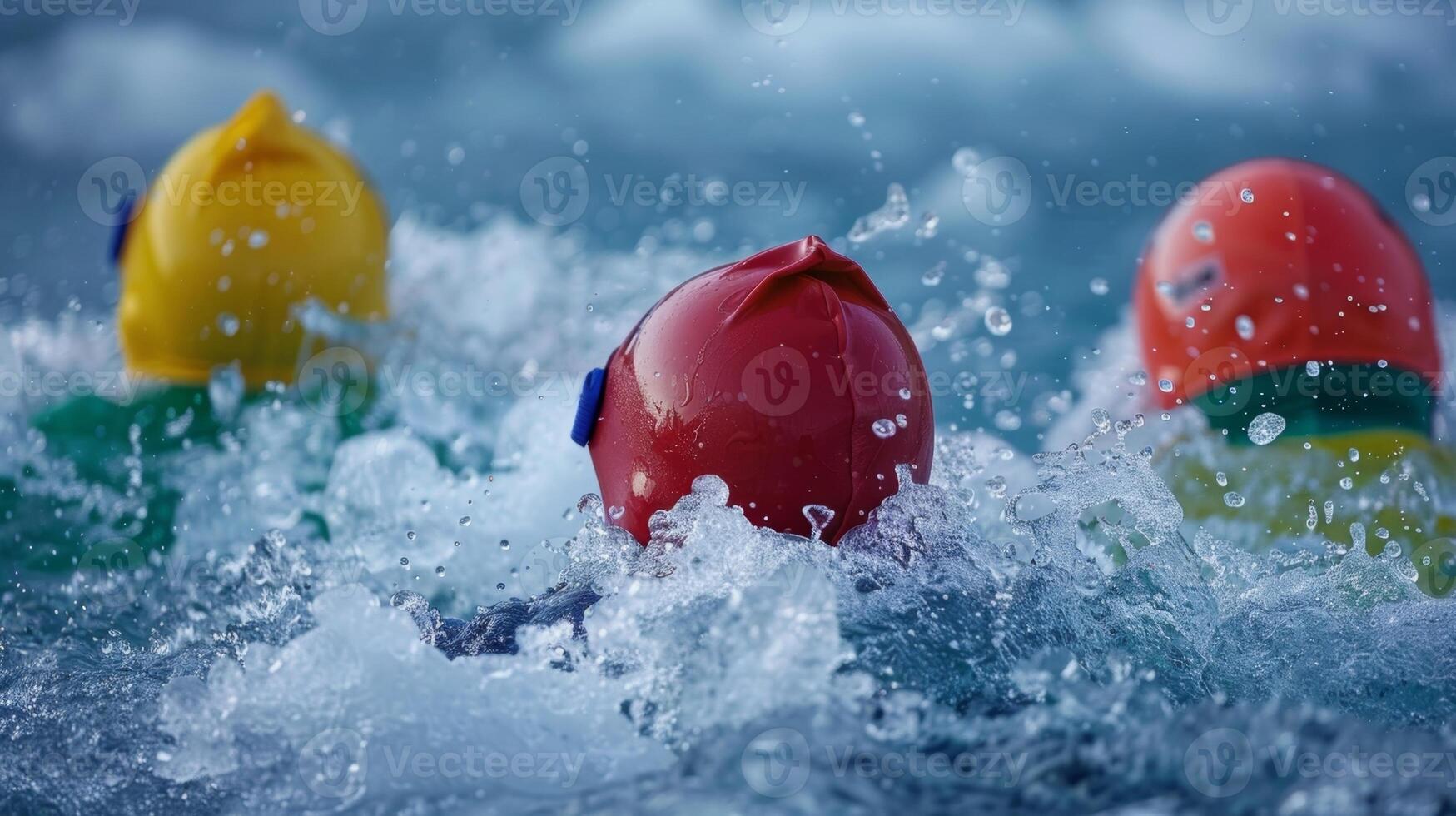 Swimmers powering through a choppy icecovered lake their colorful caps bobbing in the freezing water photo