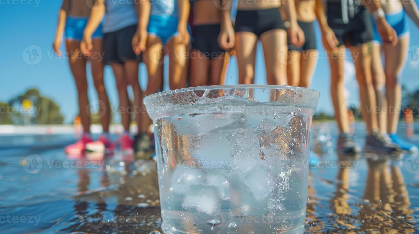 A group of individuals stand in a row in front of a large bucket of ice water each determined to push their limits and build their resilience photo