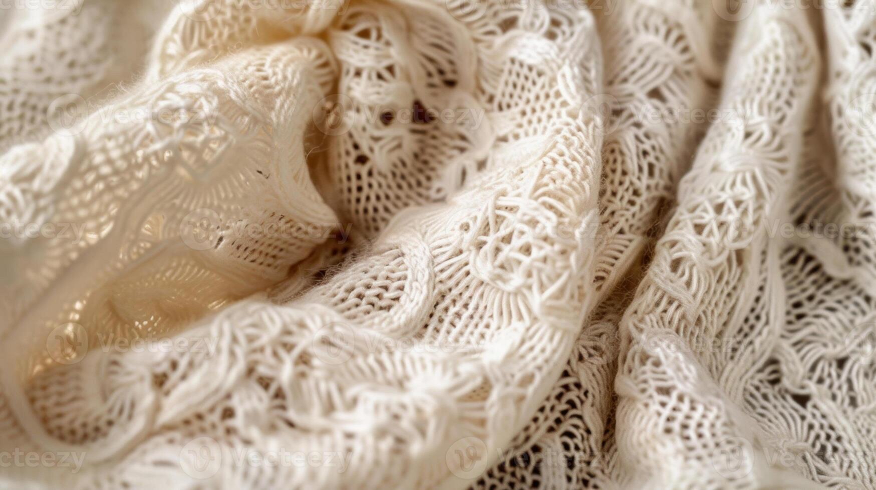 The closeup of a handknitted shawl showcasing the intricate lacelike stitches and the delicate d of the fabric photo