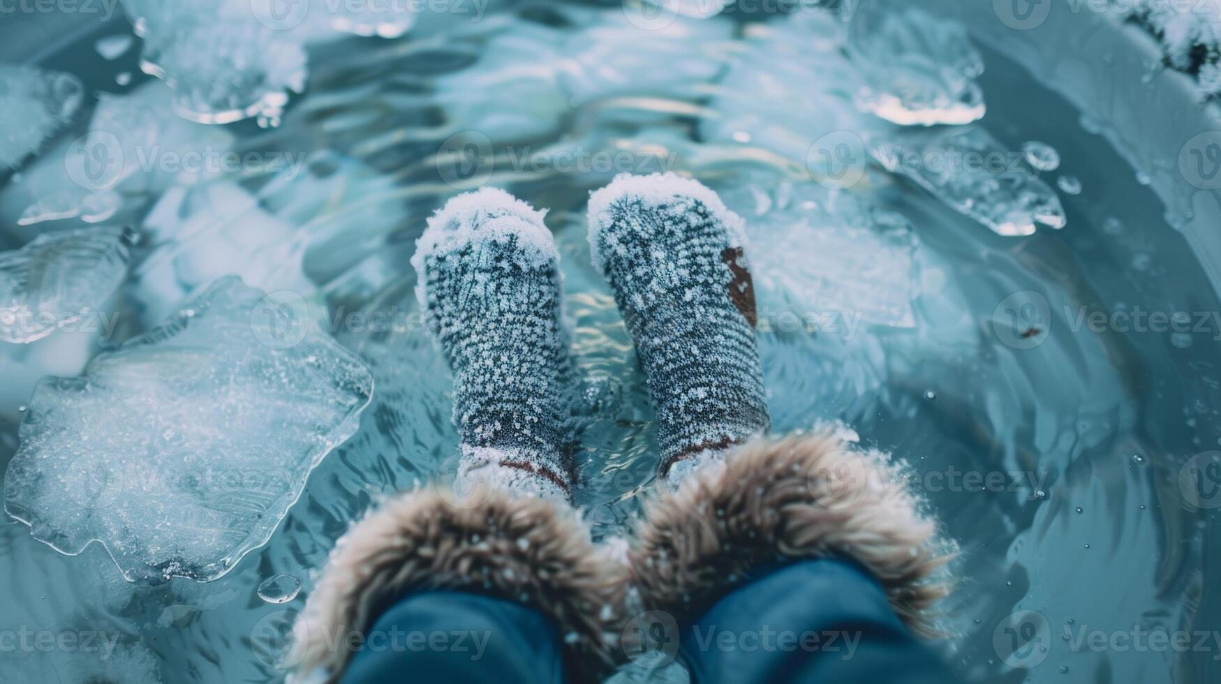 A person sitting in the ice bath with only their feet submerged wearing fuzzy socks to keep warm photo