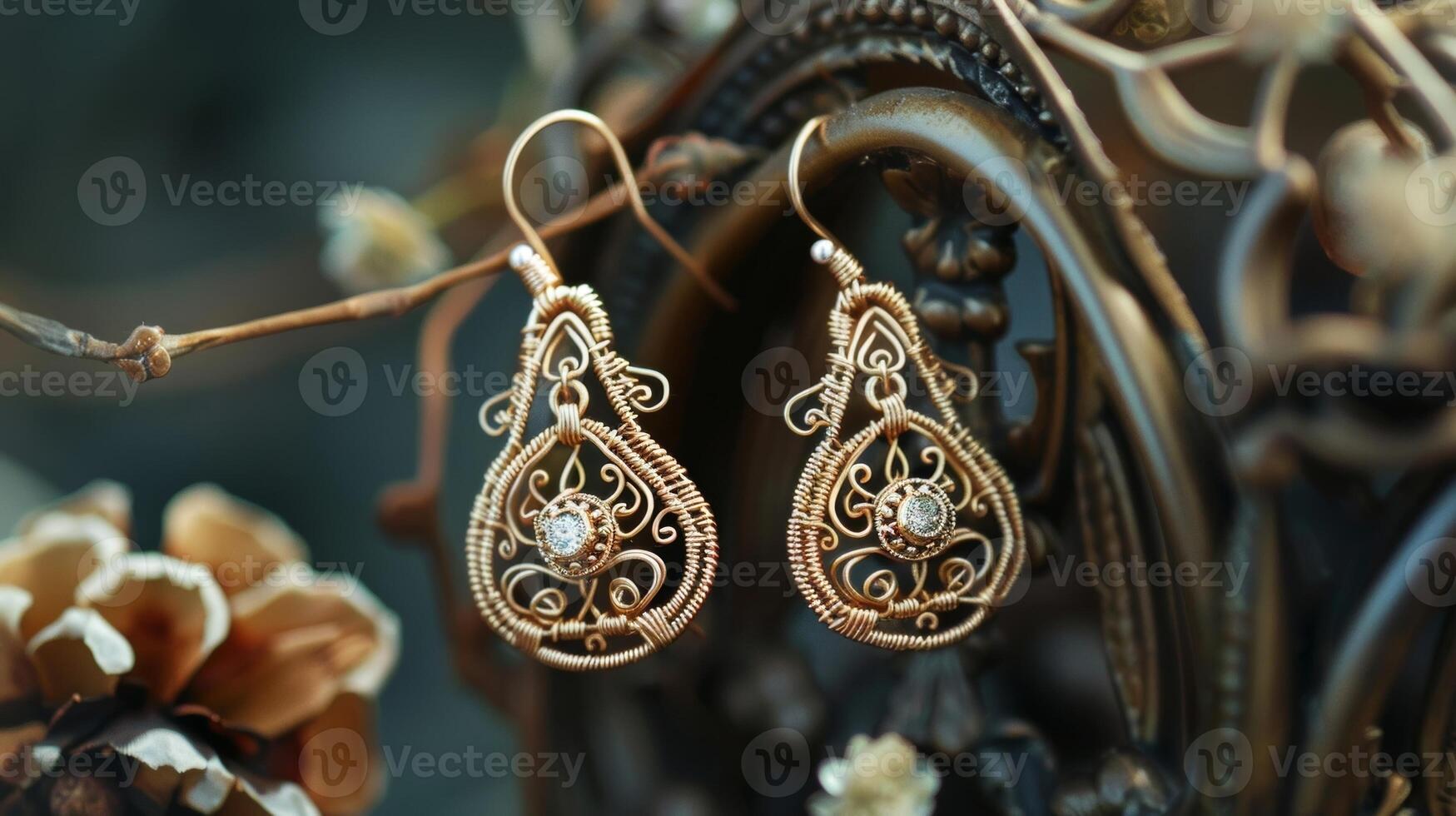A pair of dainty earrings feature intricate wire wrapping with tiny gemstones peeking through the intricate design photo