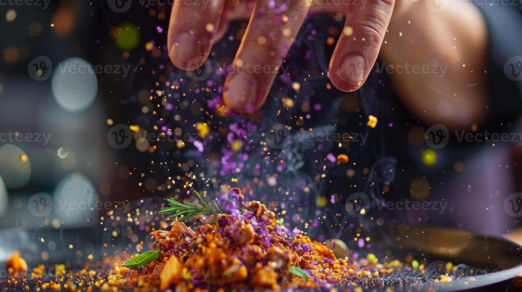 A closeup shot of a hand gently sprinkling a mixture of gourmet es over a dish capturing the fine texture of the blend as it falls through the air. The colors are a mesmerizing blen photo