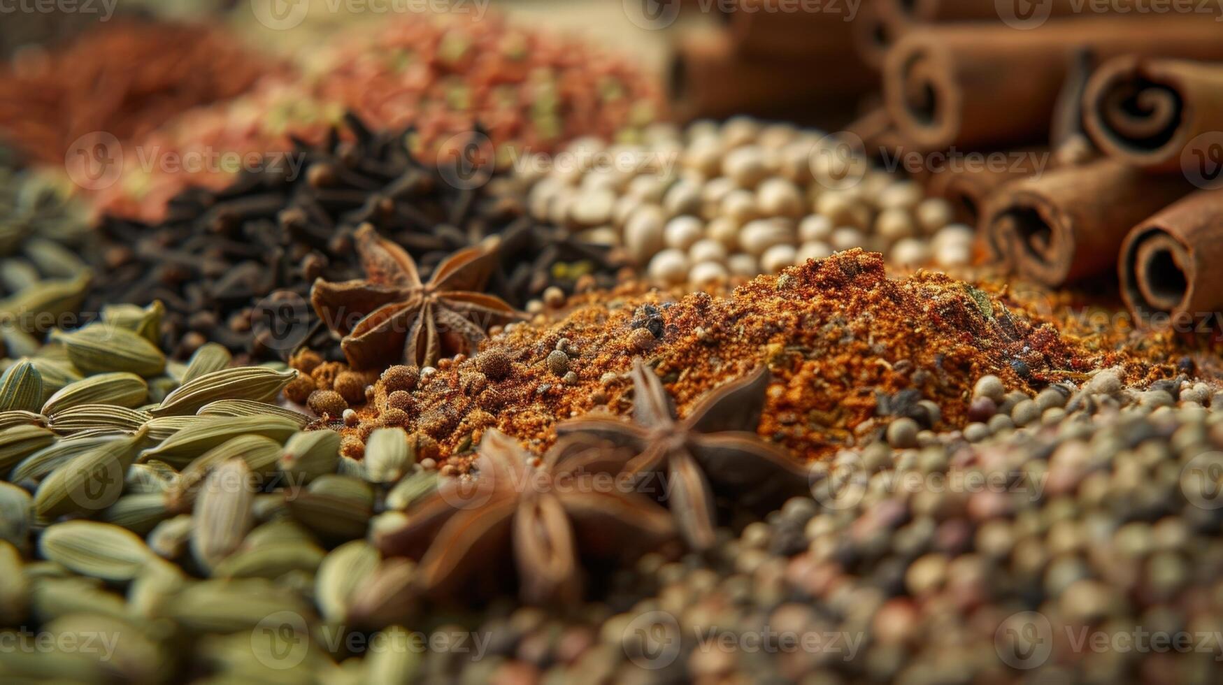 In this image a variety of whole gourmet es are on display including cumin seeds cloves and star anise. The different shapes sizes and textures create a visually intriguing mix photo