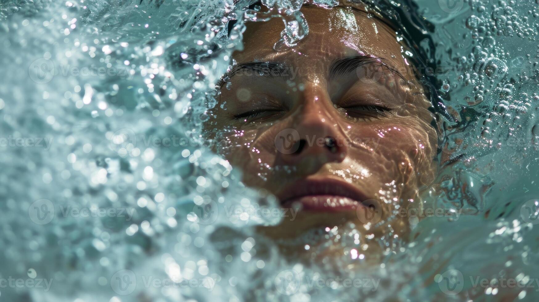 A woman submerged up to her chest in an ice bath gracefully flowing through a series of sun salutations with total concentration and determination photo