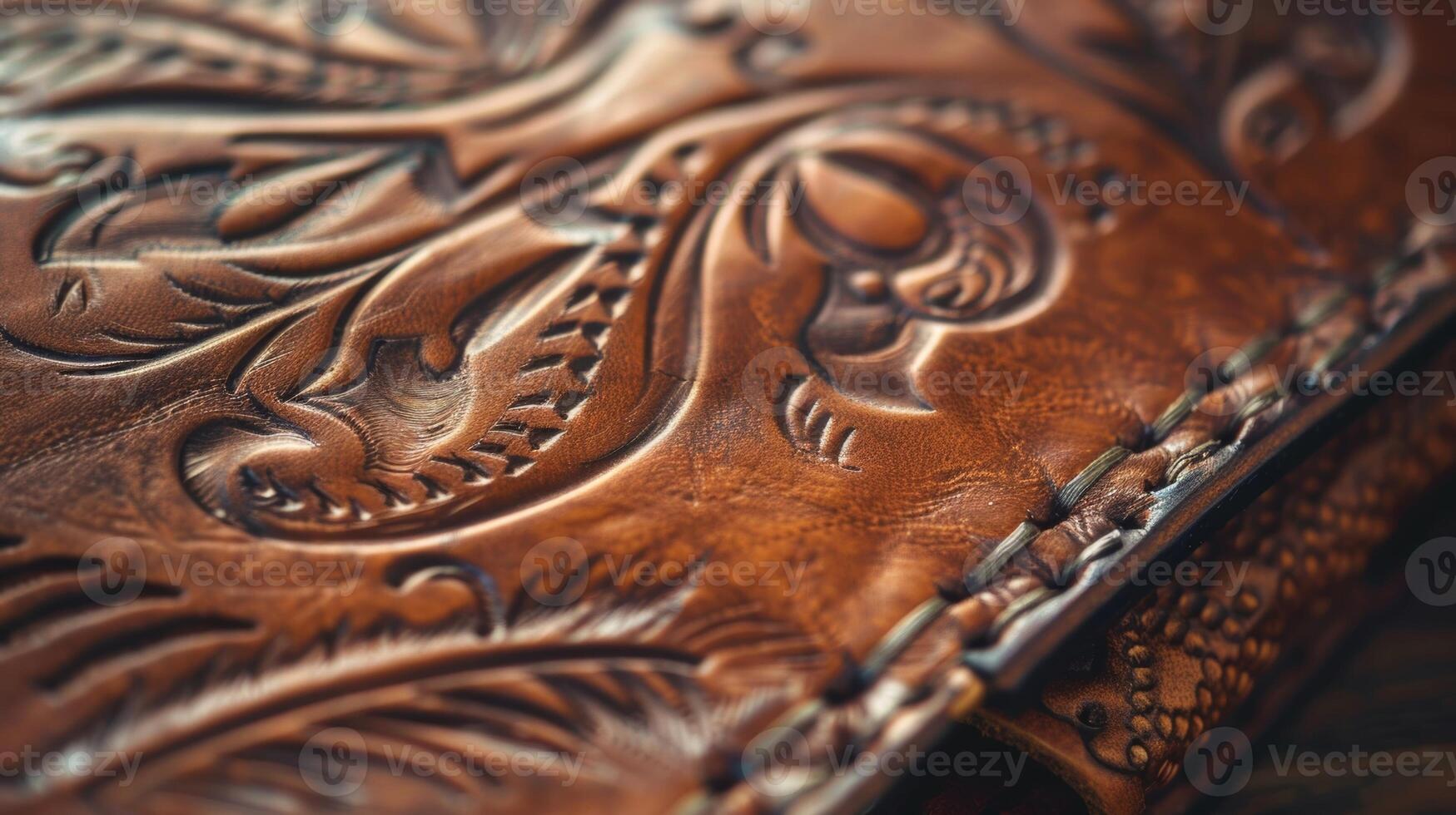 The intricate detailing and craftsmanship of a leather journal is evident in this closeup image. The grain of the leather is subtly embossed with a timeless design and the stitchin photo