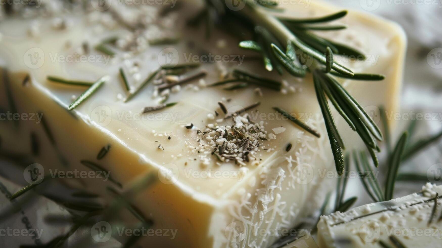 The rich texture of shea butter and crushed rosemary leaves can be seen in this photo evoking a sense of indulgence and luxury in a simple bar of soap