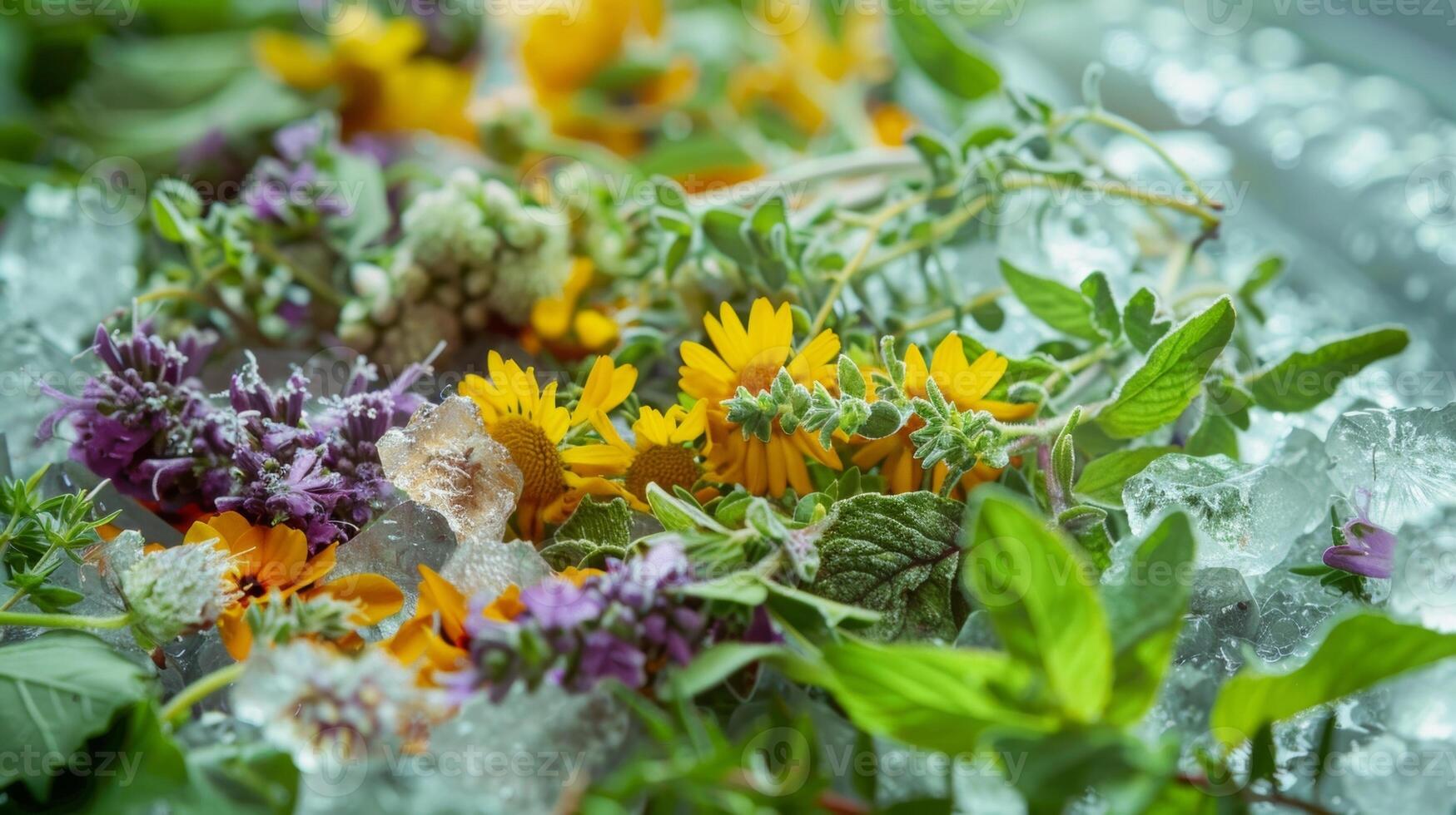 A pile of frozen herbs and flowers ready to be infused in cold water for a soothing ice bath experience photo