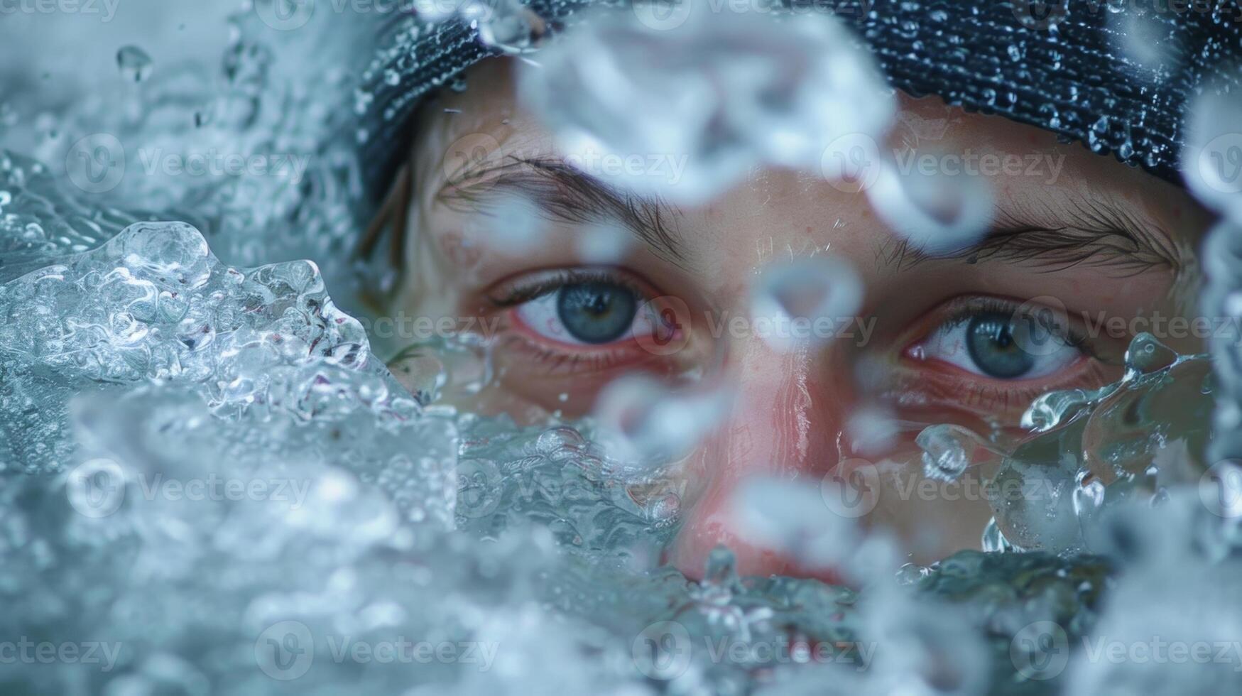 A closeup of a persons face as they lower themselves into a cold spring gasping at the shock of the freezing water photo