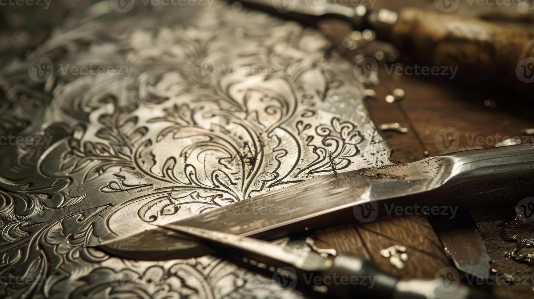 An engravers burin the sharp point delicately etching intricate designs into the metal photo