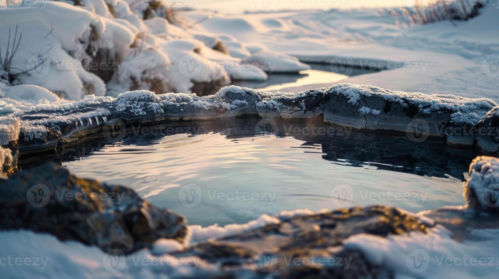A secluded hot spring sits nestled in a snowy landscape offering a peaceful and picturesque location for an invigorating ice bath photo