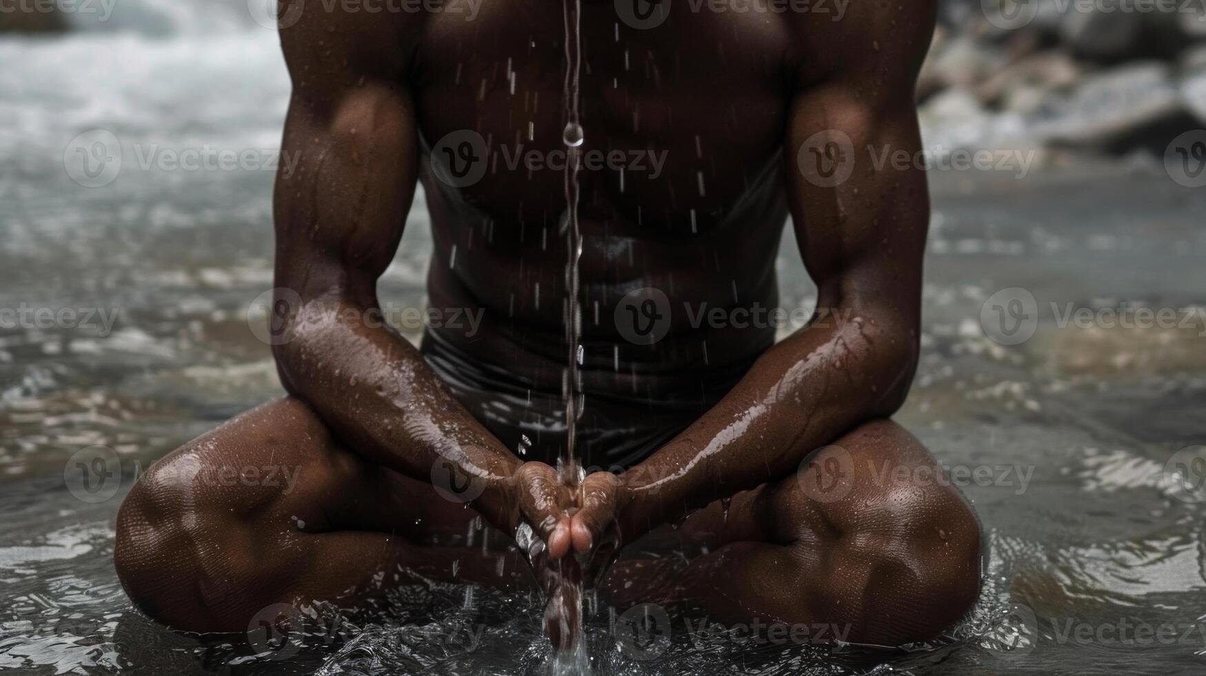 A man sitting in a glacierfed stream his body shivering as he performs a seated forward fold photo