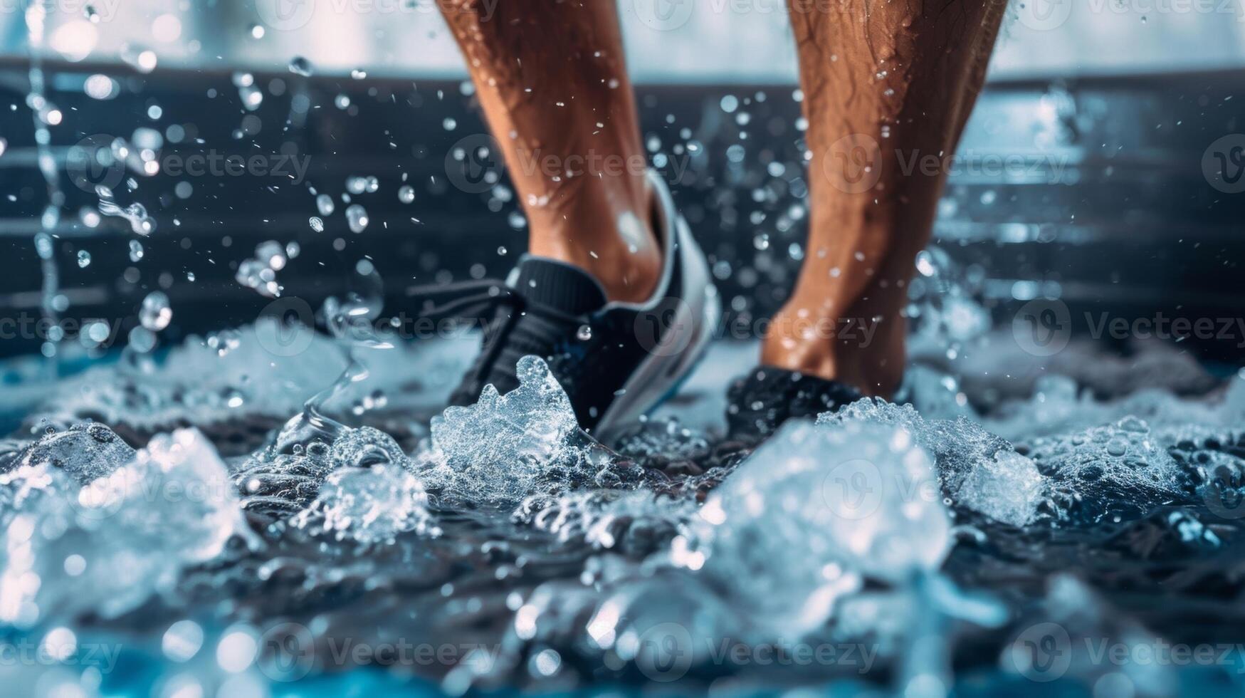 An athlete dipping their legs into a tub of ice water after a grueling workout using cold therapy to aid in postexercise muscle recovery and boost metabolism photo