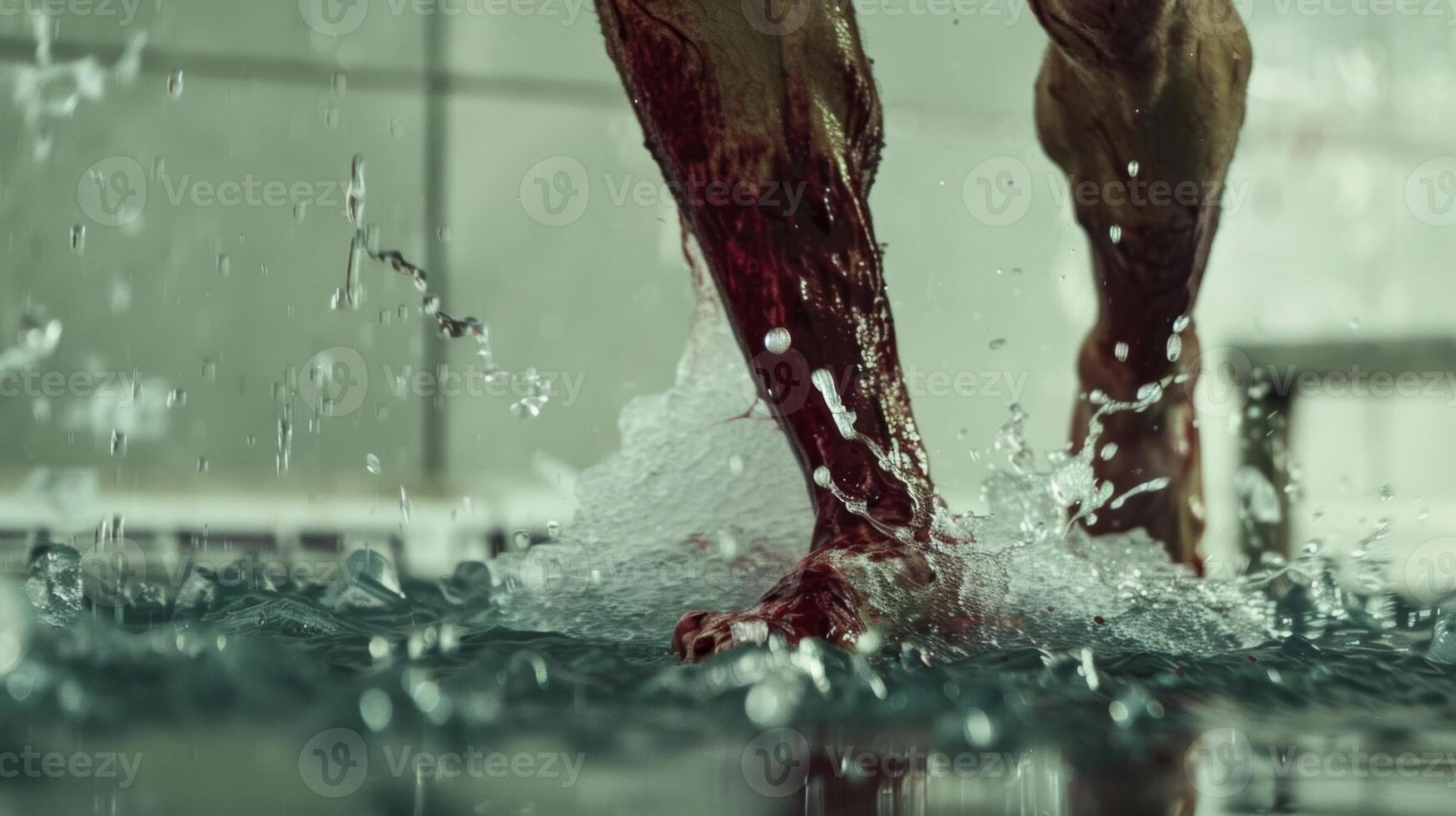 The dark red bruises on an athletes legs provide evidence of a grueling training session as they soak in the ice photo