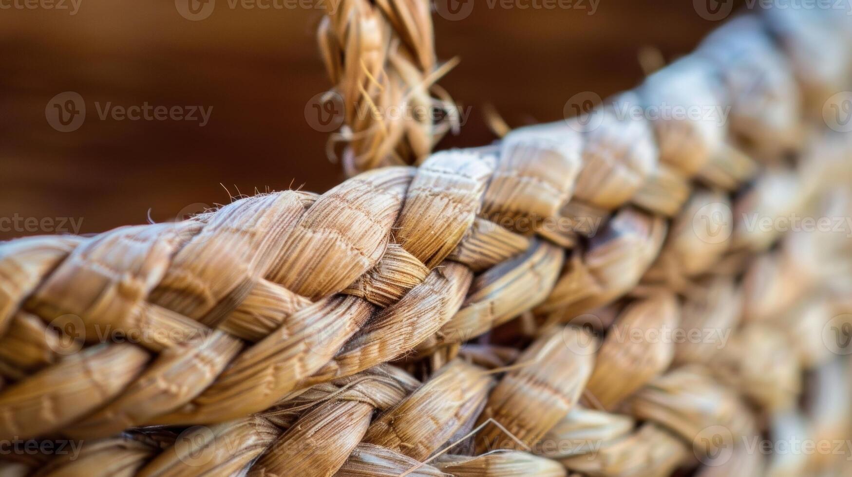 The intricate twill weave of a rustic handwoven basket is showcased in this closeup with strands of natural grass peeking through the tightly woven braid photo