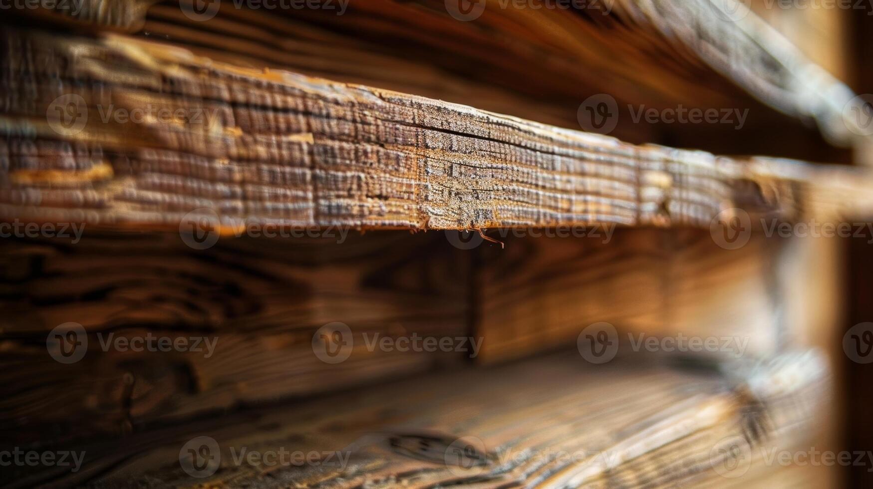 The rich natural shades of a rustic wooden bookshelf highlighting the unique wood grain and imperfections photo