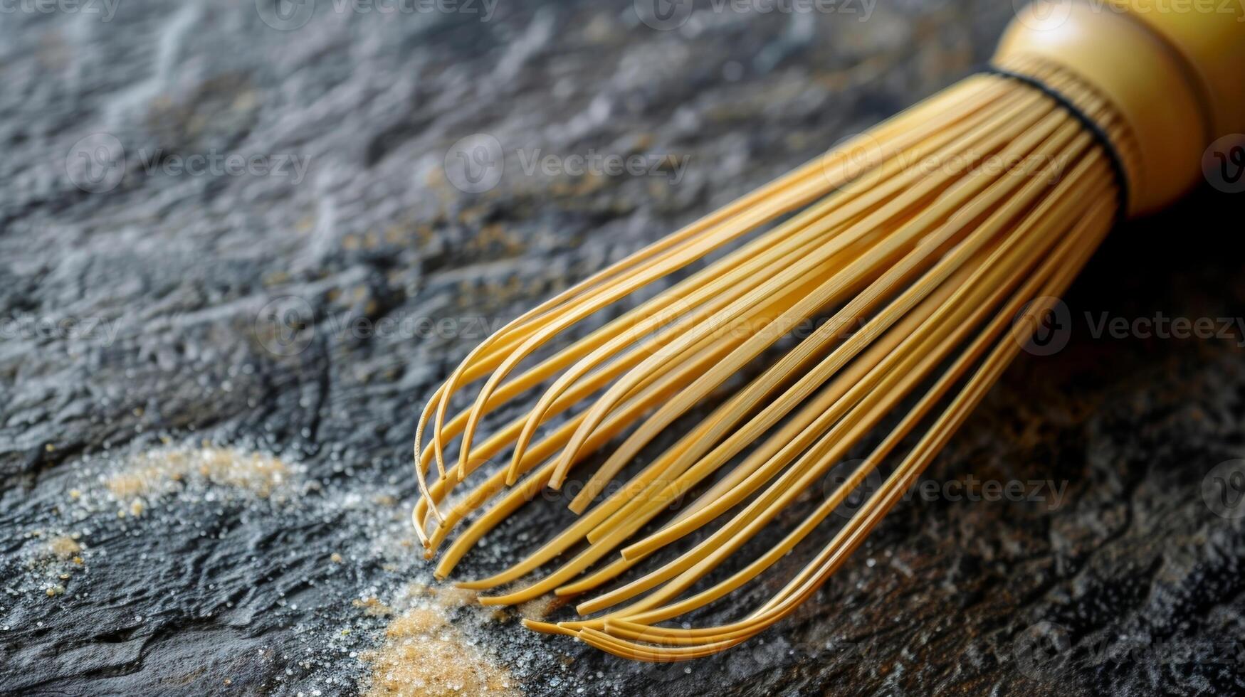 A detailed shot of a bamboo whisk capturing the fine lines and knots in the material. The exposed ends of the whisk show the raw natural appearance of the bamboo photo