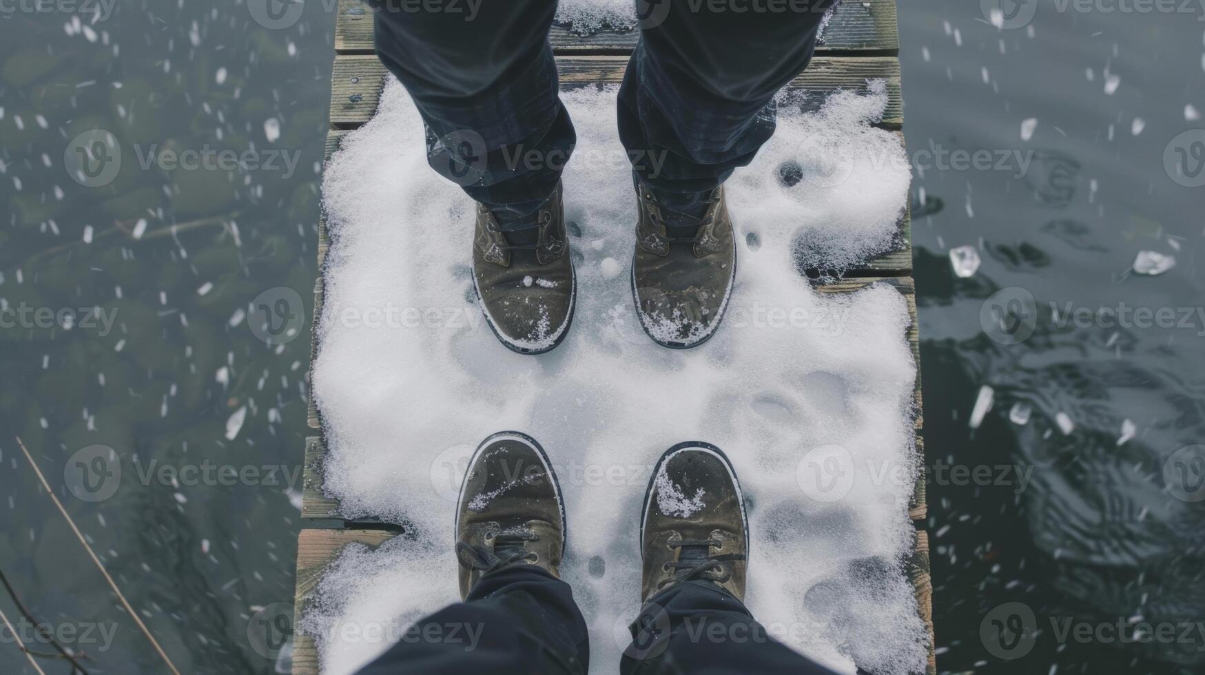 A person stands on a dock contemplating the challenge of jumping into the icy lake as part of their daily cold water therapy photo