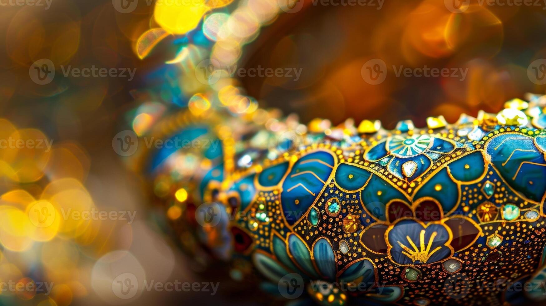 The rich golden tones of a handpainted enamel necklace catch the light highlighting the precise brushstrokes and intricate patterns photo