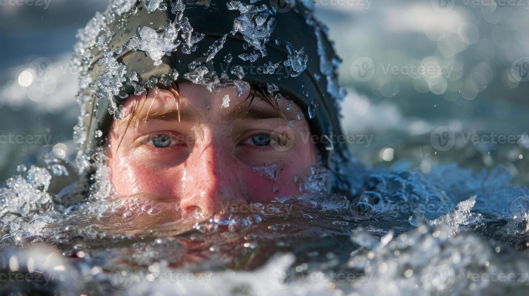 A participant posing for a photo while submerging themselves in the freezing water