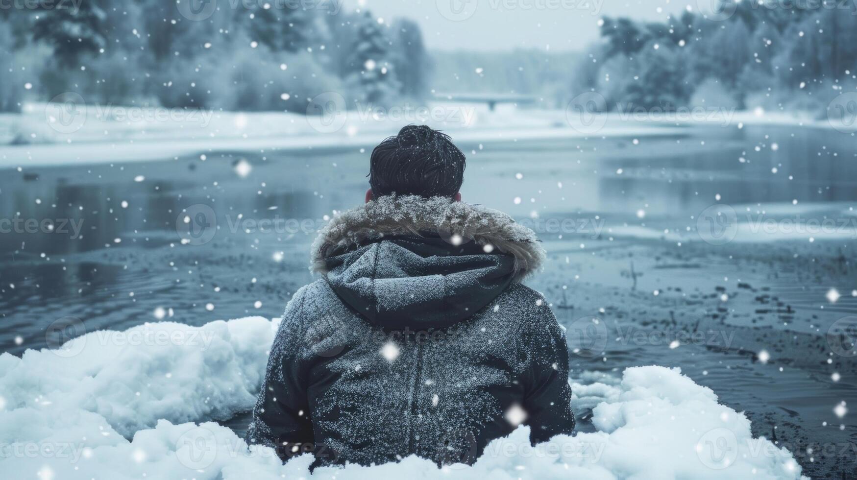 A man in a thick winter coat is slowly venturing into a snowcovered lake steeling himself for the cold shock photo