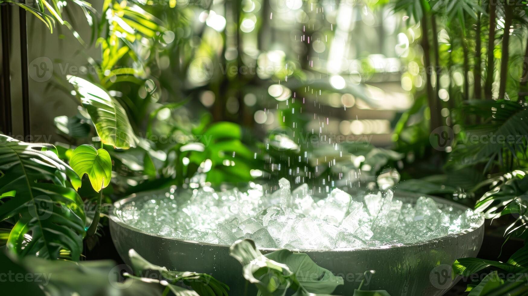 The ice bath surrounded by green plants adding a natural element to the guided meditation experience photo