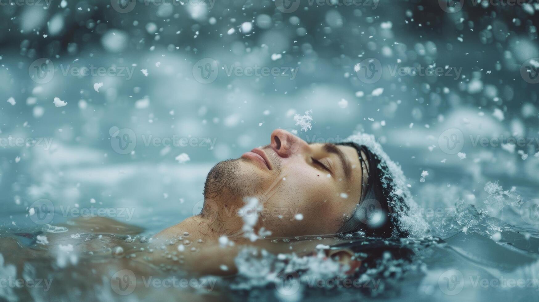 A person submerged in a crystalclear ice bath as the snow begins to fall around them photo