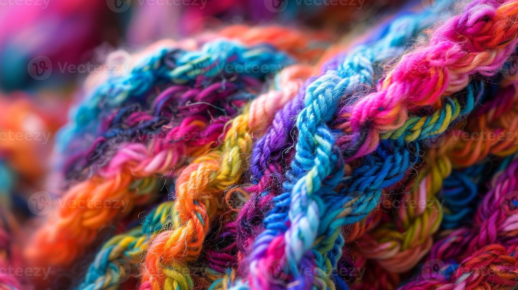 A closeup of a fingerknitted scarf showcasing the playful textured loops and the bright multicolored yarn photo