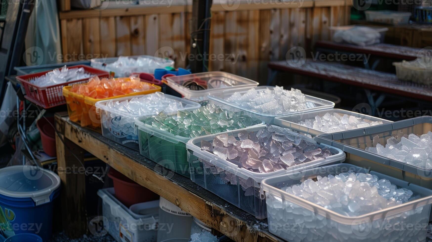 A table filled with various containers and bags of ice ready to be dumped into the bath photo