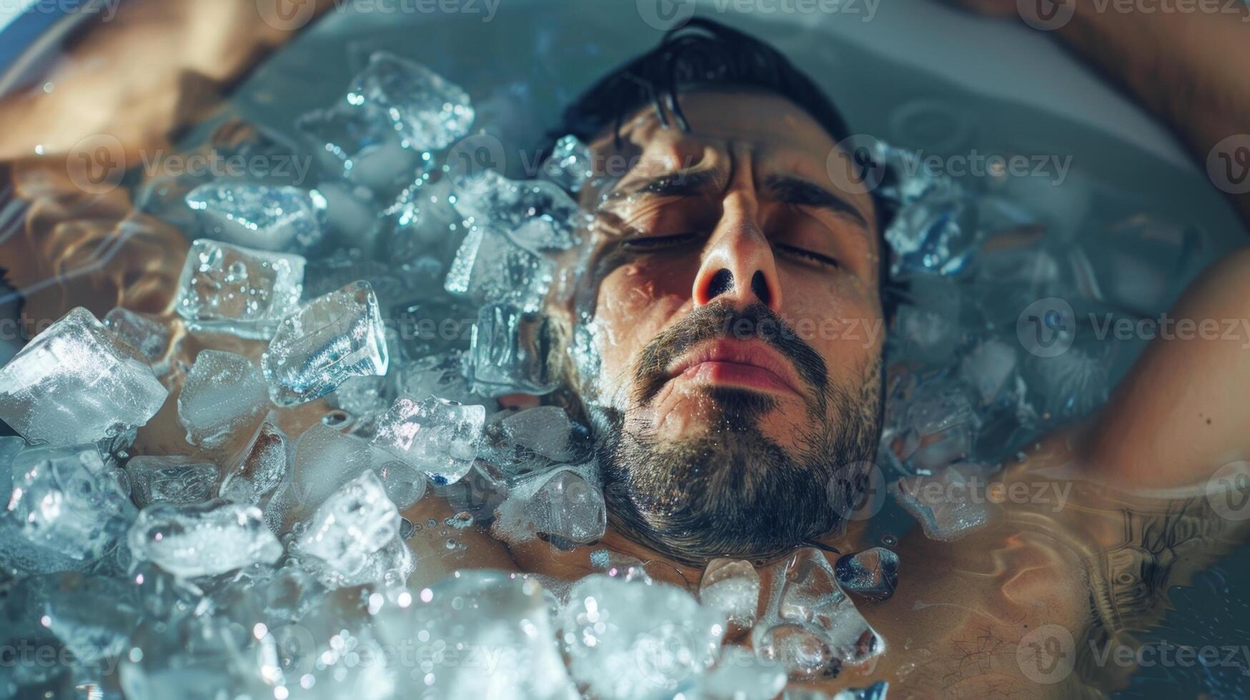 A man submerges himself in a bathtub filled with ice cubes his face contorted in both pain and relaxation photo