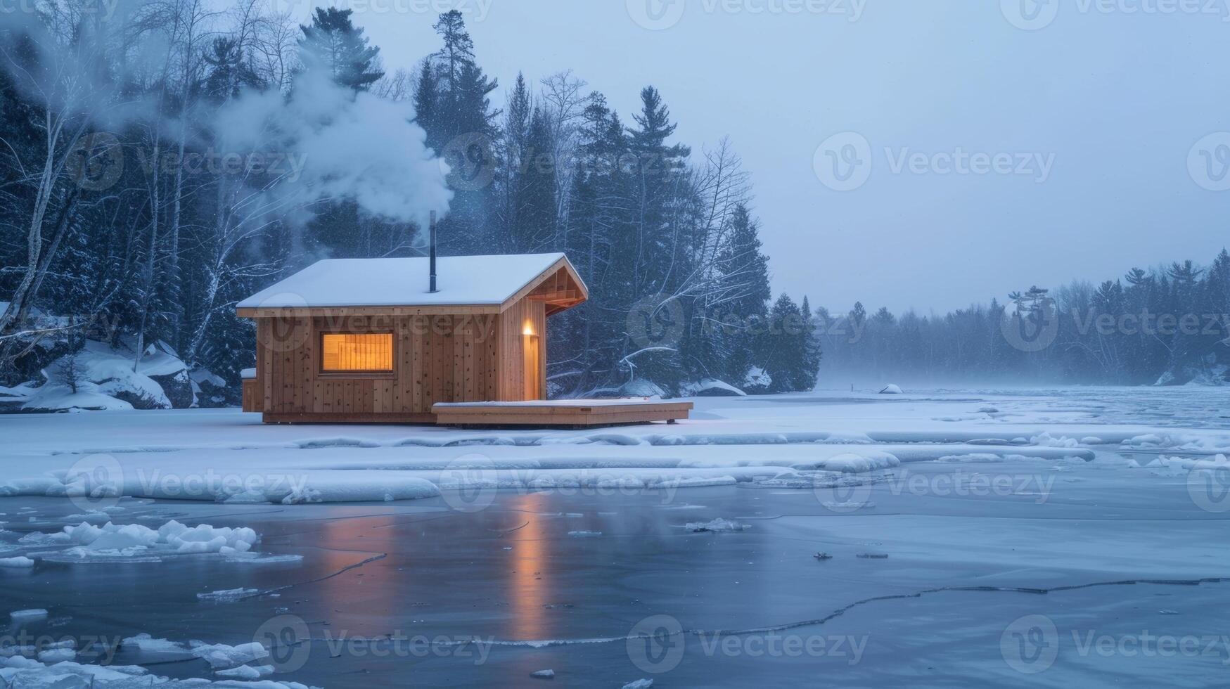 An outdoor sauna overlooking a frozen river offers a unique retreat experience as guests alternate between steamy heat and a dip in the frigid waters below photo