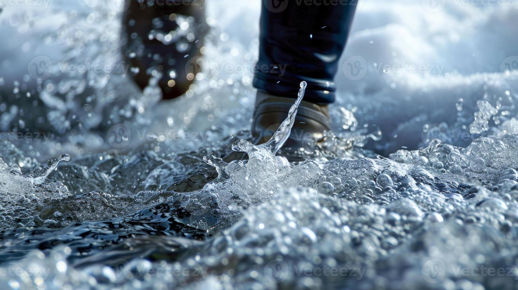 The sound of cracking ice as someone gingerly steps into a pool of freezing water their breath visible in the cold air photo