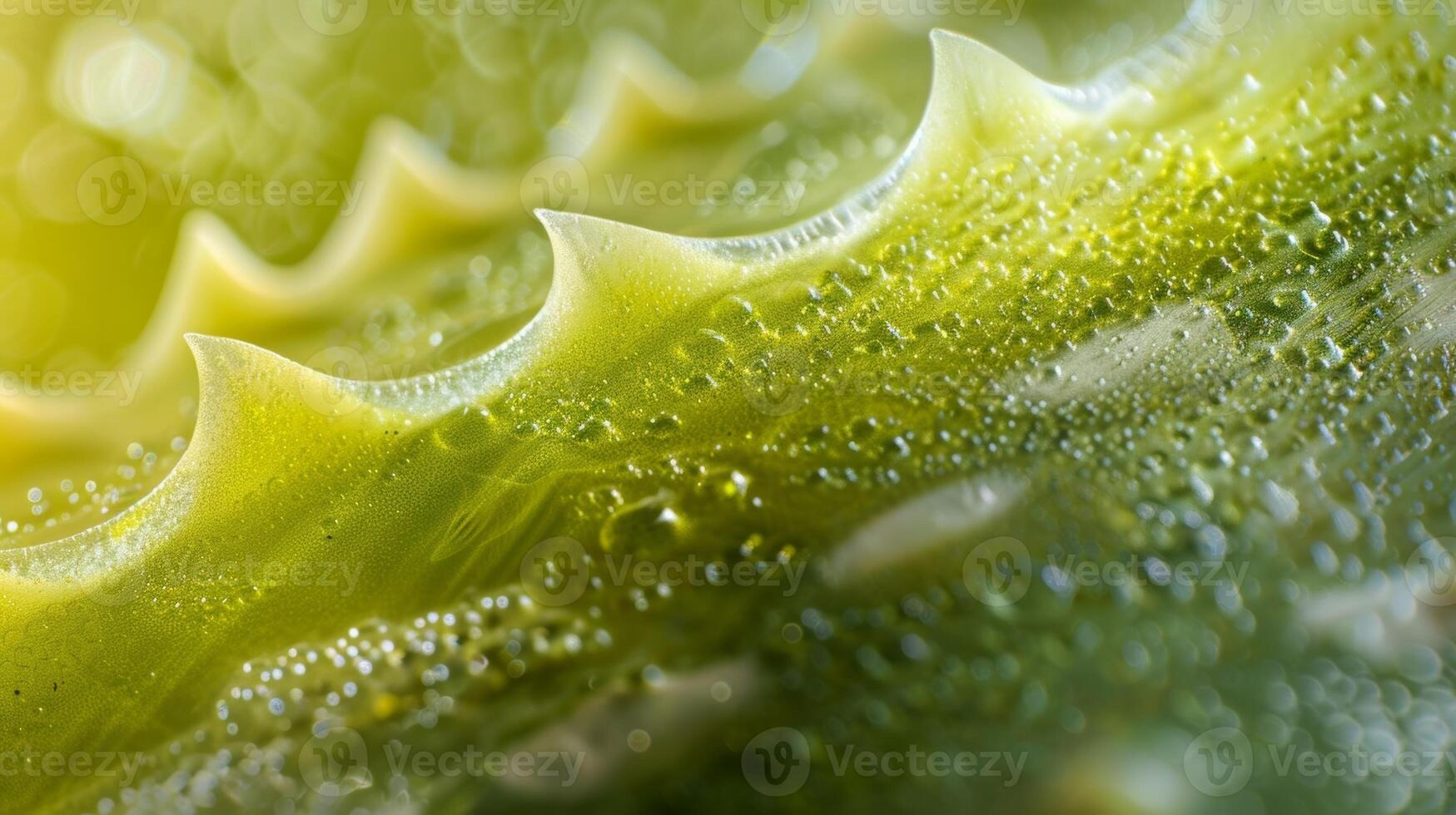 A macro shot of a small section of a luscious green aloe vera leaf highlighting its bumpy and gellike texture photo