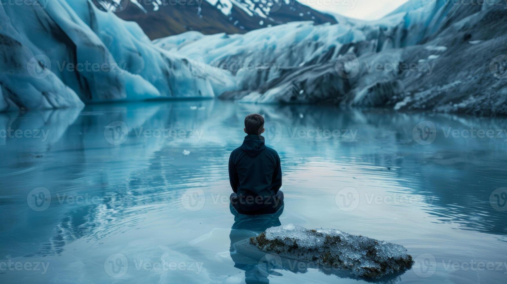 A man kneeling in a small pool of ice water visualizing himself as a calm and strong glacier photo