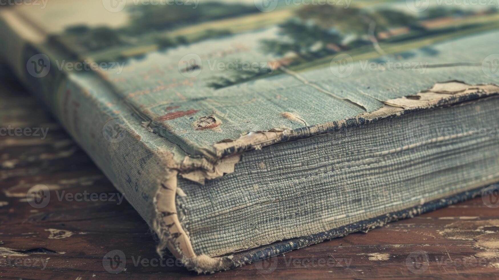 The cover of the book is made of a textured fabric with a faded illustration of a countryside scene. There are also small patches of discoloration adding to its vintage aesthetic photo
