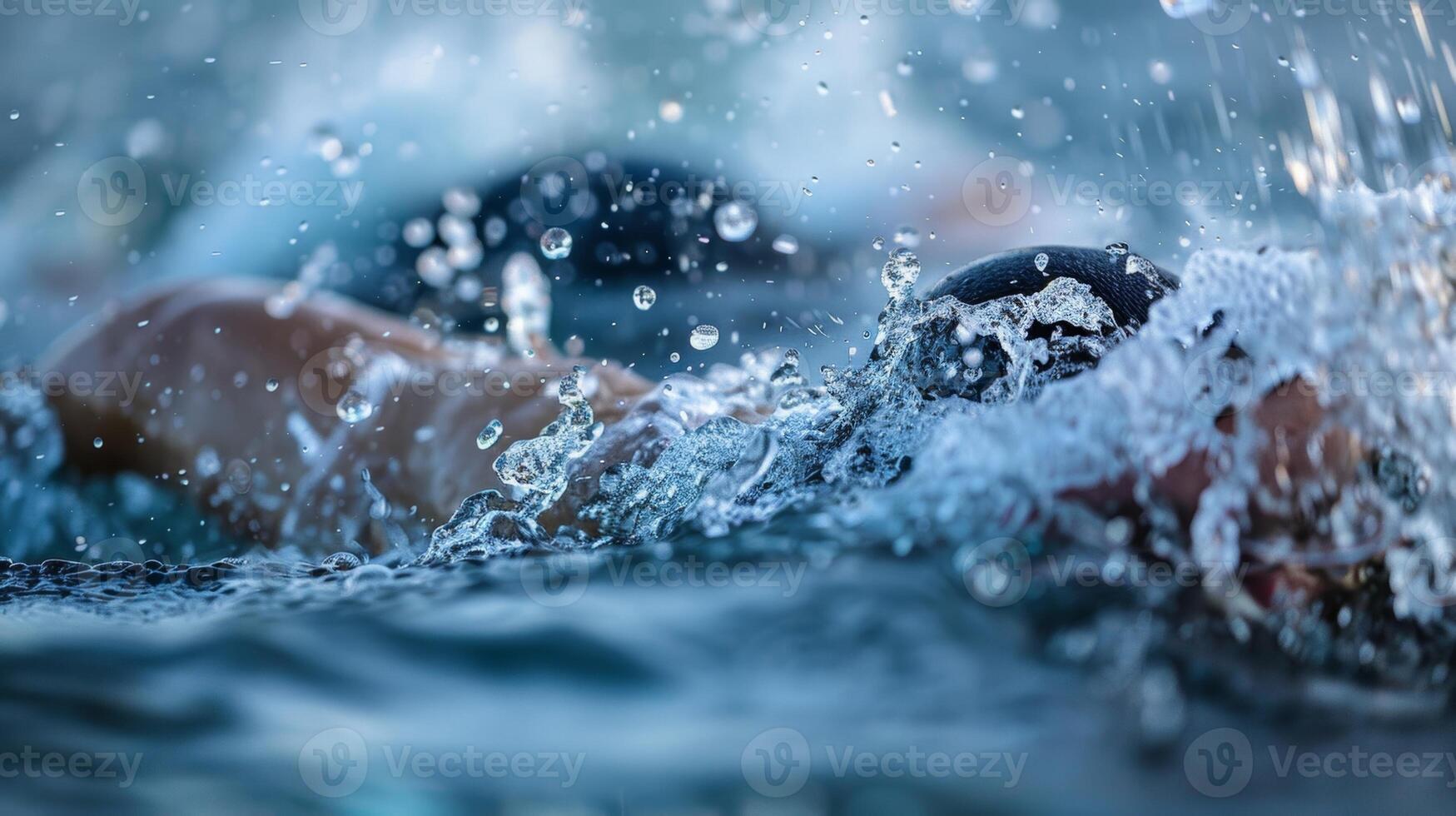 A swimmer plunging into a frosty lake determinedly swimming against the cold current as part of their endurance training routine photo