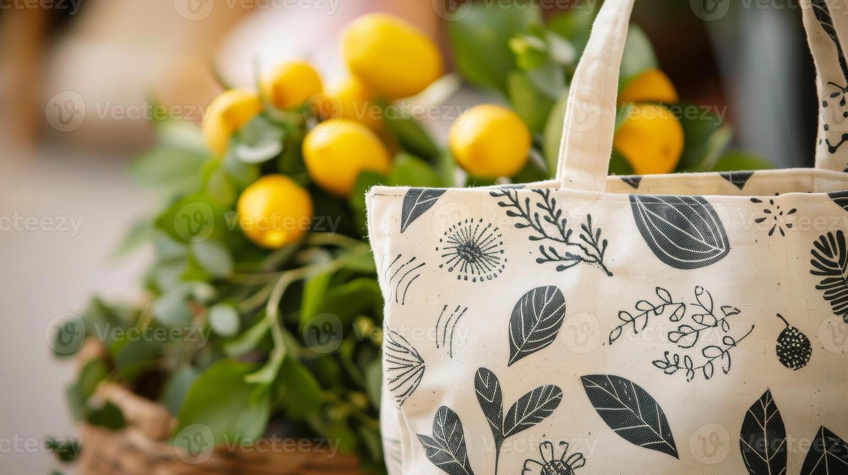 A closeup of a reusable cotton bag adorned with a plantbased ink design highlights its durable and ecofriendly qualities photo